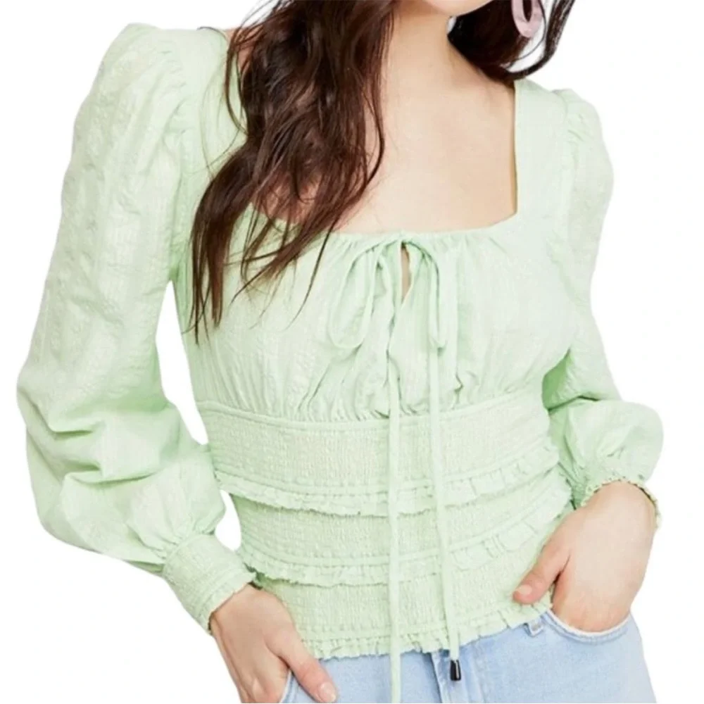 Free People Lolita Blouse Top Puff Long Sleeve Smocked Queen Green Size Small